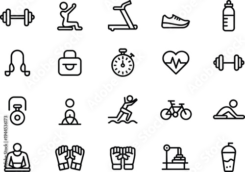 Fitness and gym icons: Dumbbells, person stretching, treadmill, running shoe, water bottle, jump rope, gym bag, stopwatch, barbell, bicycle, swimmer, kettlebell, yoga mat, exercise bike, shaker cup, h