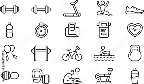 Set of fitness and gym icons: Dumbbell, treadmill, yoga pose, running shoe, water bottle, stopwatch, gym bag, heart rate, jump rope, weightlifting, cycling, swimming, kettlebell, barbell, yoga mat, ex