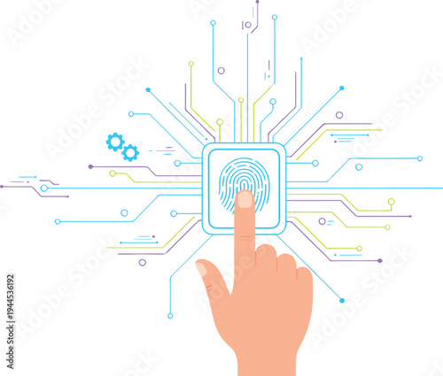 A hand pressing a button with colorful lines and shapes emanating from it