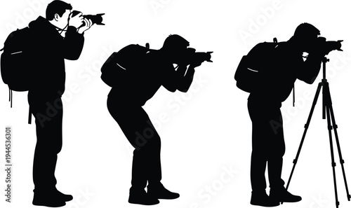Silhouette photographer with camera backpack tripod crouching standing shooting, photography posture technique equipment illustration design concept