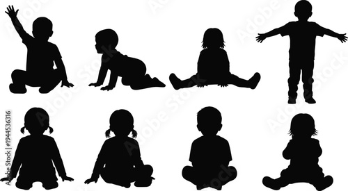 Silhouette toddlers and young children in playful poses sitting crawling standing, childhood development movement behavior illustration design concept