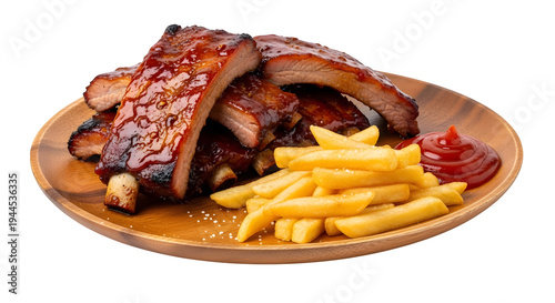 Glazed BBQ Ribs with Crispy French Fries and Ketchup on a Wooden Plate, isolated on white or transparent background. PNG