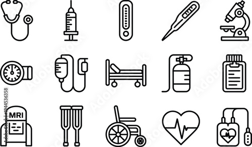 Healthcare and medical icons: Stethoscope, syringe, thermometer, microscope, stopwatch, IV bag, hospital bed, oxygen tank, prescription bottle, MRI scanner, crutches, wheelchair, heart monitor, blood 