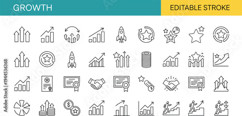 Business growth and success editable stroke icon set including charts, rocket launch, target, profit increase and achievement symbols