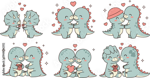 Cute romantic dinosaur couples vector set with hearts, hugs and gifts perfect for Valentine love themed illustrations