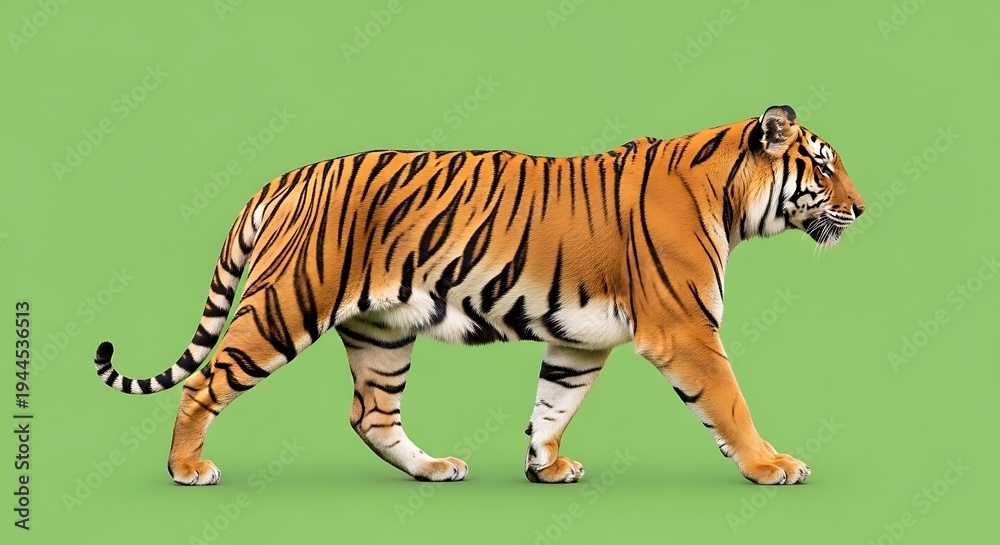 Obraz premium Majestic tiger strides gracefully, side view, bold stripes, orange and black fur, green backdrop