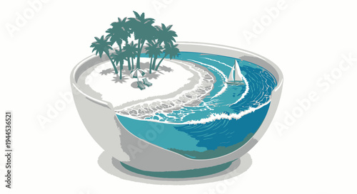 Tropical Island Scene Inside a Bowl, Miniature Paradise