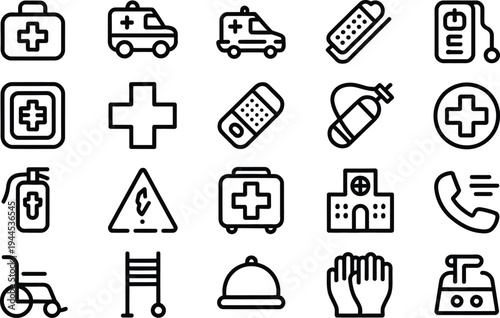 Emergency and medical icons: First aid kit, ambulance, stretcher, fire extinguisher, bandage, medical cross, hospital, phone, gloves, wheelchair, fire alert symbol, soap dispenser.