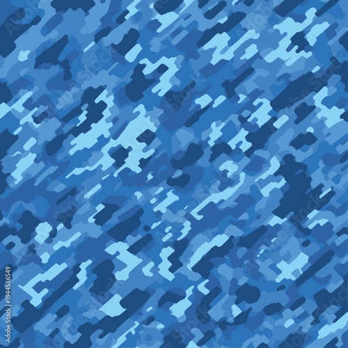 Trendy Blue Camouflage Seamless Vector Pattern. Abstract Modern Military Background. Tactical Navy Marine Camo Texture for Urban Fashion Apparel, Textile Print, Wallpaper and Graphic Design.