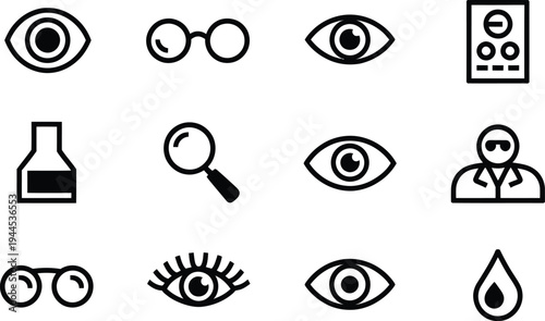 Eye care and vision icons: Eye, glasses, magnifying glass, eye chart, eyeball, pupil, eyelash, tear drop, scientist, inkwell, spectacles.