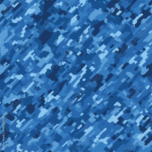 Blue Digital Camouflage Seamless Pattern. Abstract Modern Military Navy Camo Background. Tactical Marine Uniform Fabric Texture for Vector Print, Apparel Design, Web Wallpaper and Graphic Element.