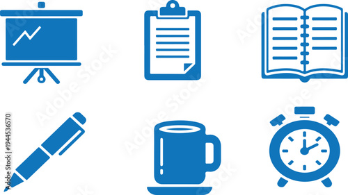 Blue of office and school supplies on white background