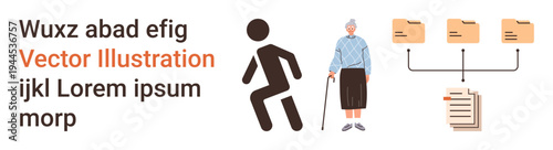 Data management, elderly care, workflow systems, document storage, user accessibility, information sharing. Elderly person with a cane and a document structure. Data management and elderly care