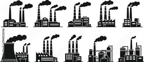 Black silhouette vector collection featuring various industrial factory buildings, manufacturing facilities, and power plants with smoking chimneys on white background
