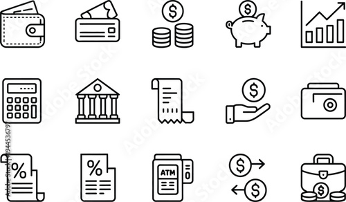 Financial icons: Wallet, credit card, coins, piggy bank, graph, calculator, bank, receipt, hand with money, briefcase, percentage, ATM, money transfer, portfolio.