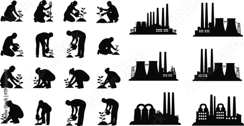 Black silhouette vector collection contrasting people planting trees and watering saplings with various industrial factory buildings and large power plants