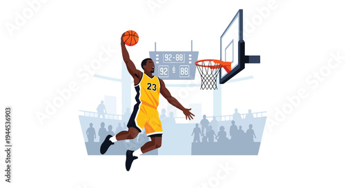 Modern vector illustration of basketball player performing powerful slam dunk in indoor arena, dynamic sports competition concept with clean flat design