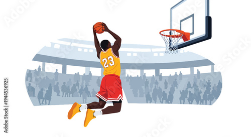 Modern vector illustration of basketball player performing powerful slam dunk in indoor arena, dynamic sports competition concept with clean flat design