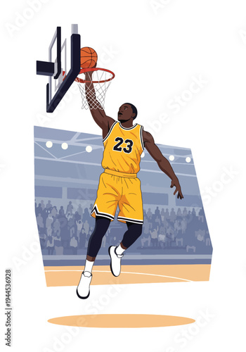 Modern vector illustration of basketball player performing powerful slam dunk in indoor arena, dynamic sports competition concept with clean flat design