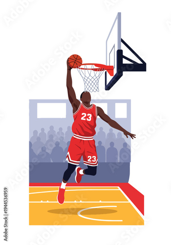 Modern vector illustration of basketball player performing powerful slam dunk in indoor arena, dynamic sports competition concept with clean flat design