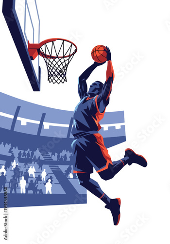 Modern vector illustration of basketball player performing powerful slam dunk in indoor arena, dynamic sports competition concept with clean flat design