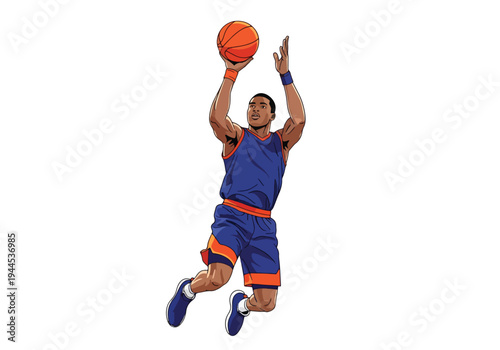 Modern vector illustration of basketball player jump shooting, isolated on white background, dynamic competition sports concept