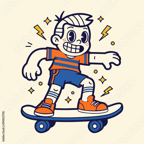 Energetic Retro Cartoon Boy Skateboarding