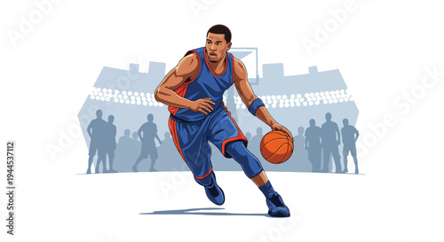 Modern vector illustration of basketball player dribbling ball in fast break motion during competitive arena match