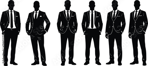 Six male silhouettes in business suits, standing upright, black white illustration, professional attire concept, corporate fashion design artwork