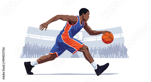 Modern vector illustration of basketball player dribbling ball in fast break motion during competitive arena match