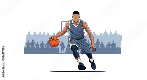 Modern vector illustration of basketball player dribbling ball in fast break motion during competitive arena match