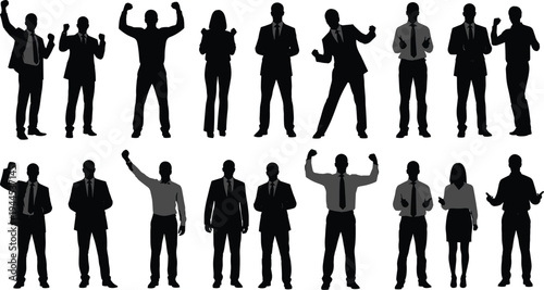 Sixteen business silhouettes in professional attire, confident poses, black white illustration, success concept, corporate design, leadership artwork