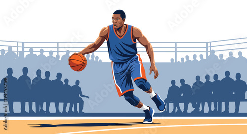 Modern vector illustration of basketball player dribbling ball in fast break motion during competitive arena match