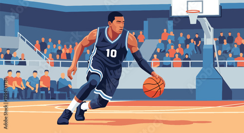 Modern vector illustration of basketball player dribbling ball in fast break motion during competitive arena match