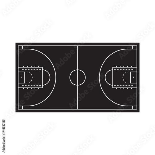 Overhead view of a black and white basketball court with key markings