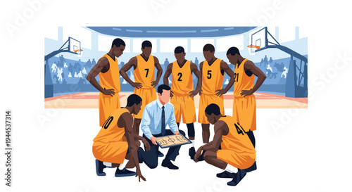 Modern vector illustration of basketball coach giving instructions with clipboard during indoor practice session