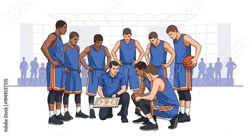 Modern vector illustration of basketball coach giving instructions with clipboard during indoor practice session