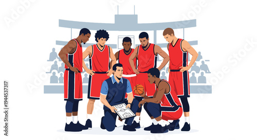 Modern vector illustration of basketball coach giving instructions with clipboard during indoor practice session