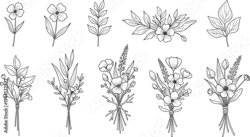 Hand drawn botanical flower bouquet and leaf collection vintage engraved floral line art vector set isolated illustration
