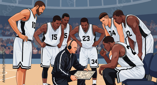 Modern vector illustration of basketball coach giving instructions with clipboard during indoor practice session