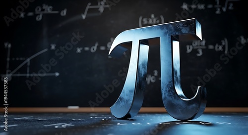 Metallic pi symbol on chalkboard with equations. Mathematical concept