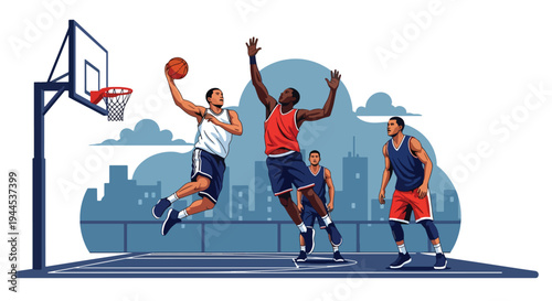 Modern vector illustration of street basketball match on outdoor urban court with competitive players in action