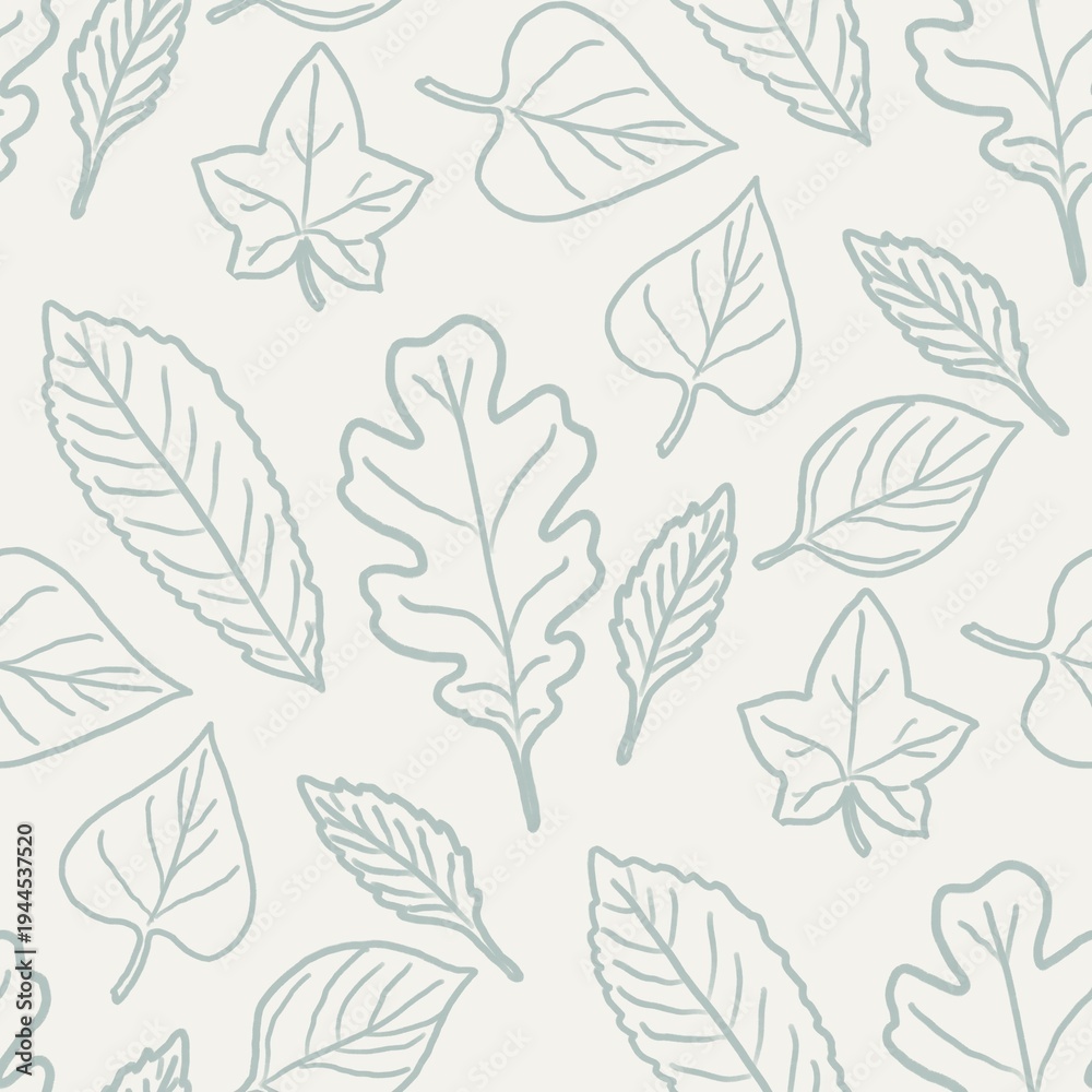 Fototapeta premium Botanical Leaves Seamless Pattern, Minimal Line Art Foliage Design, Scandinavian Nature Background