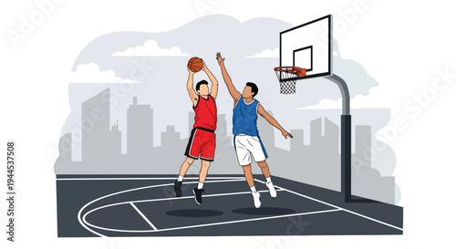Modern vector illustration of street basketball match on outdoor urban court with competitive players in action