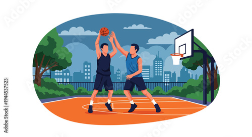 Modern vector illustration of street basketball match on outdoor urban court with competitive players in action