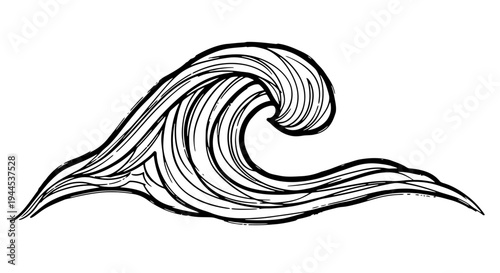 Stylized black and white line art illustration of a dynamic ocean wave with flowing water details.
