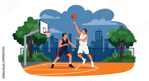 Modern vector illustration of street basketball match on outdoor urban court with competitive players in action