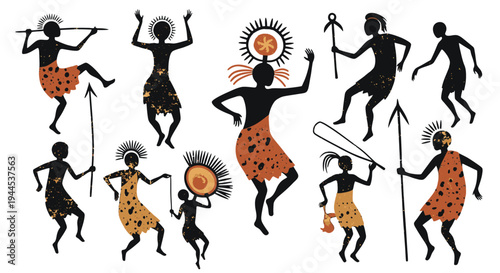 Stylized silhouettes of tribal people dancing and holding weapons, depicting ancient cultural rituals and traditions.