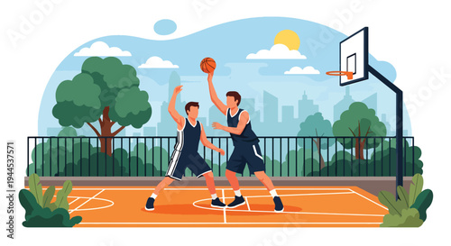 Modern vector illustration of street basketball match on outdoor urban court with competitive players in action