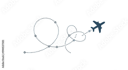 Airplane flying along a winding dotted path with multiple waypoints, symbolizing a complex journey or flight route.